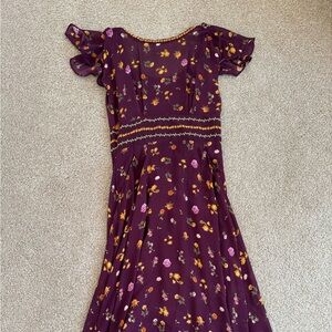 Max Studio Plum Floral Midi Dress with Yellow & Pink Accents